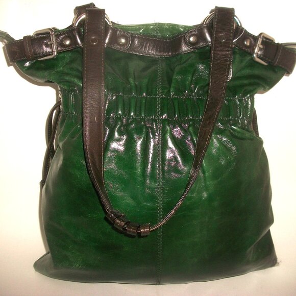 Vtg Nino Bossi Large Rectangular Green & Brown Leather Lined Shoulder Bag - Picture 2 of 14